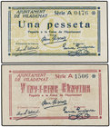 Catalonia. Lote 2 billetes 25 Cèntims y 1 Pesseta. Aj. de VILADEMAT. A EXAMINAR. AT-2772, 2773. MBC+ a SC.