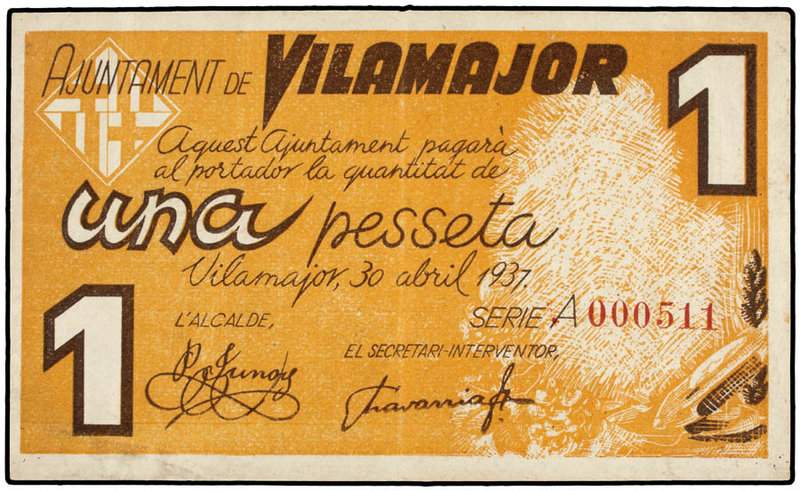 Catalonia. 1 Pesseta. 30 Abril 1937. Aj. de VILAMAJOR. AT-2811. MBC+.