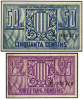 Catalonia. Lote 2 billetes 25 y 50 Cèntims. 10 Setembre 1937. Aj. de VILAMAJOR. AT-2814, 2815. MBC a EBC-.