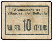 Catalonia. 10 Cèntims. Aj. de VILANOVA DE BELLPUIG. Cartón. (Algo sucio). ESCASO. AT-2838f. MBC+.