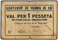 Catalonia. 1 Pesseta. 30 Maig 1937. Aj. de VILANOVA DE SAU. Sin sello tampón ni en anverso ni reverso. (Pequeñas manchitas). AT-2855. MBC.