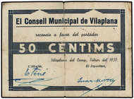 Catalonia. 50 Cèntims. Febrer 1937. C.M. de VILAPLANA. (Roturas. Algo sucio en reverso). AT-2868. (MBC+).