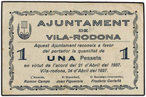 Catalonia. 1 Pesseta. 21 Abril 1937. Aj. de VILA-RODONA. ESCASO. AT-2872. MBC+.