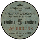 Catalonia. 5 Cèntims. 15 Novembre 1937. Aj. de VILARODONA. Cartón. AT-2876. EBC-.