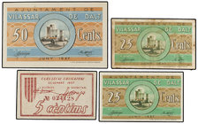 Catalonia. Lote 4 billetes 5, 25 (2) y 50 Cèntims. Juny 1937 (3) y Desembre 1937. Aj. de VILASSAR DE DALT. (Uno, manchitas). A EXAMINAR. AT-2884, 2885...