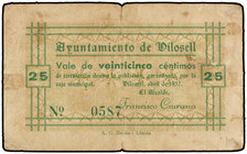 Catalonia. 25 Cèntims. Abril 1937. Ay. VILOSELL. (Pequeñas manchitas. Rotura y restos de adhesivo). RARO. AT-2902. MBC-.