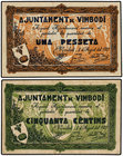 Catalonia. Lote 2 billetes 50 Cèntims y 1 Pesseta. 8 Agost 1937. Aj. de VIMBODÍ. AT-2905, 2906. EBC- a EBC.