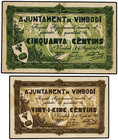 Catalonia. Lote 2 billetes 25 y 50 Cèntims. 8 Agost 1937. Aj. de VIMBODÍ. ESCASOS. AT-2906, 2907. MBC+ a EBC-.