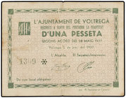 Catalonia. 1 Pesseta. 28 Maig 1937. Aj. de VOLTREGÀ. (Leves roturas). ESCASO. AT-2914a. MBC+.