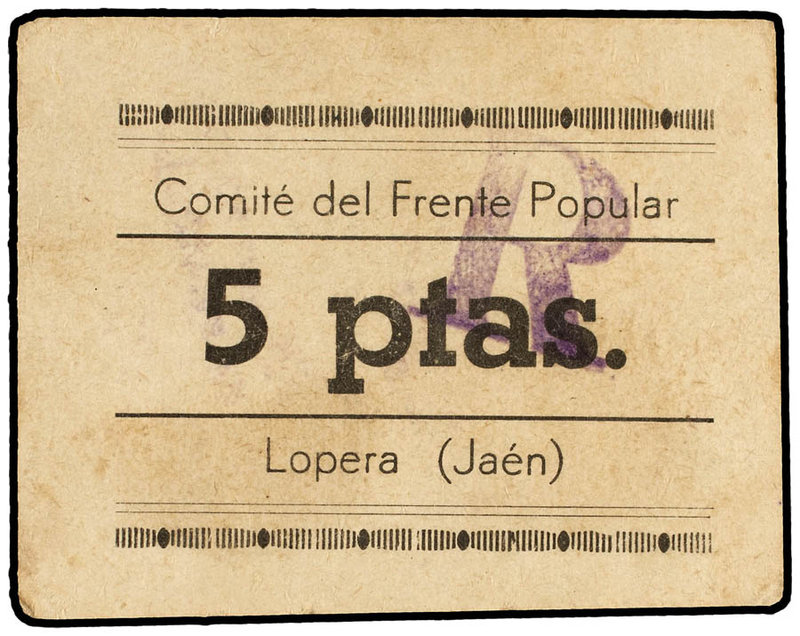 Andalucia. 5 Pesetas. COMITÉ DEL FRENTE POPULAR. LOPERA (Jaén). Letra R estampìl...