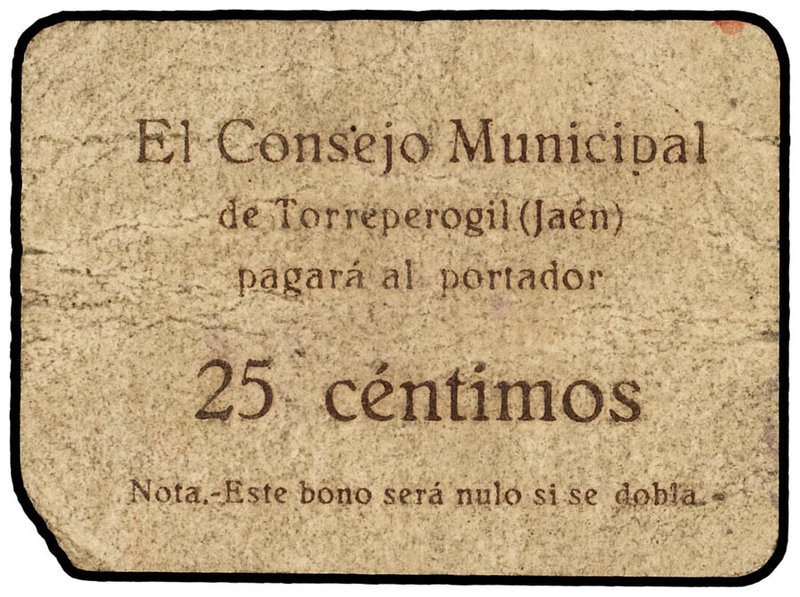 Andalucia. 25 Céntimos. C.M. de TORREPEROGIL (Jaén). Sello tampón violeta en anv...