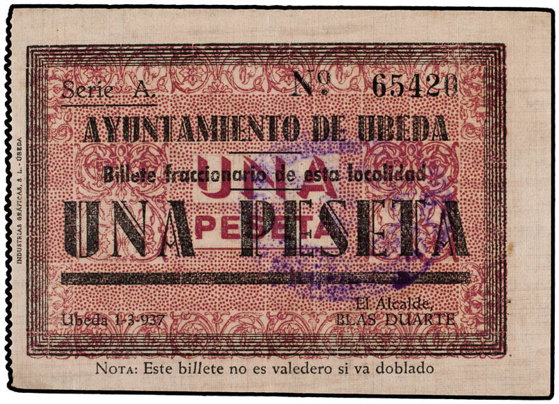 Andalucia. 1 Peseta. Marzo 1937. Ay. de ÚBEDA (Jaén). Sello tampón violeta. (Lev...