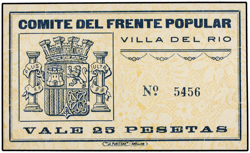 Andalucia. 25 Pesetas. Comité del Frente Popular de VILLA DEL RÍO (Córdoba). RAR...