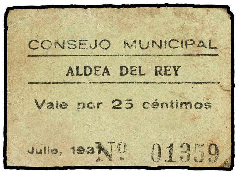 Castilla - La Mancha. 25 Céntimos. Julio 1937. C.M. de ALDEA DEL REY (Ciudad Rea...