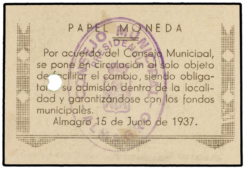 Castilla - La Mancha. 1 Peseta. 15 Junio 1937. C.M. de ALMAGRO (Ciudad Real). (T...