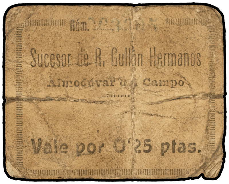 Castilla - La Mancha. 0,25 Pesetas. SUCESOR de R. GULLÓN HERMANOS. ALMODÓVAR DEL...