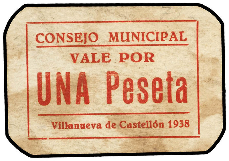 Valencia. 1 Peseta. 1938. C.M. de VILLANUEVA DE CASTELLÓN (Valencia). Sello tamp...