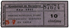 10 Cèntims. 1937. Aj. de BARCELONA. Arbitri Municipal sobre consumacions servides en taula. (Rotura). Allepuz-251. EBC+.