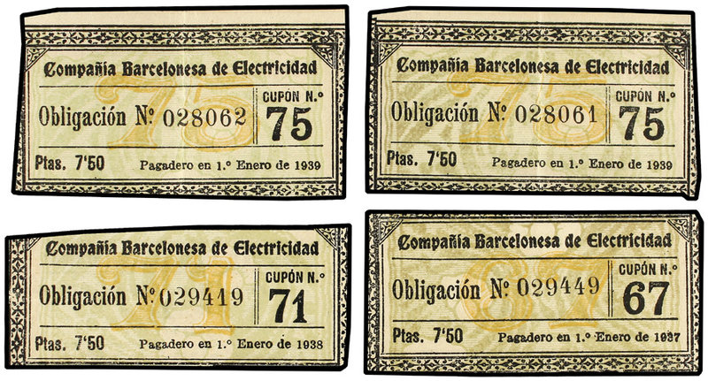 Lote 4 cupones Obligación de 7,50 Pesetas. 1937, 1938 y 1939 (2). COMPAÑÍA BARCE...