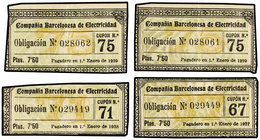 Lote 4 cupones Obligación de 7,50 Pesetas. 1937, 1938 y 1939 (2). COMPAÑÍA BARCELONESA DE ELECTRICIDAD. L-No cat. EBC- a SC.