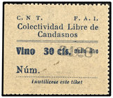 Vino 30 Céntimos Medio Litro. Guerra Civil. C.N.T.-F.A.I. COLECTIVIDAD LIBRE DE CANDASNOS (Huesca). Papel. Ø 47x40 mm. EBC+.