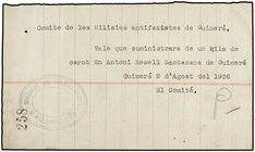 Vale un Kilo de Carnt. 2 Agost 1936. COMITÉ DE LES MILISIES ANTIFAXISTES DE GUIMERÀ. Papel. ´Vale que suministrará de un kilo de carnt en Antoni Rosel...