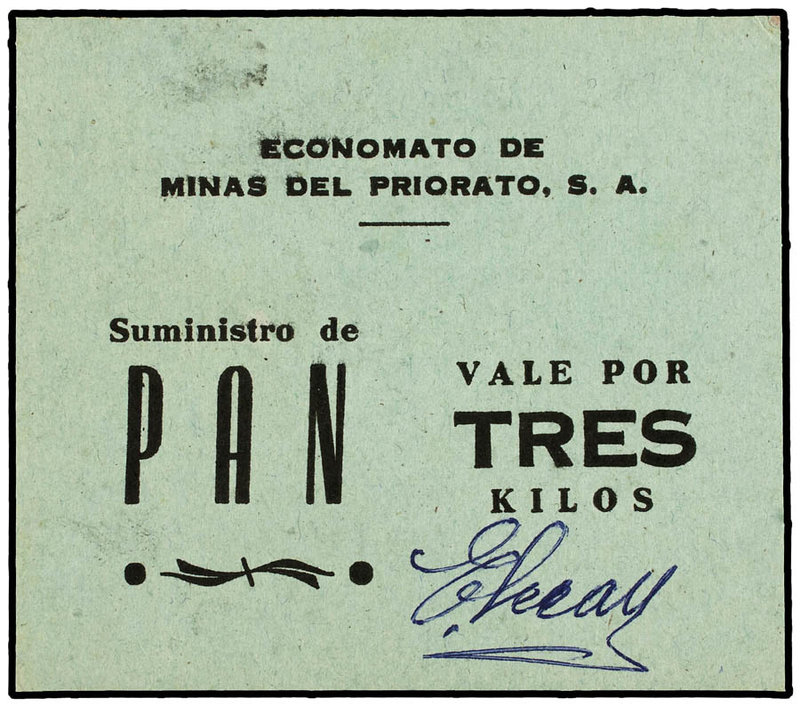 Vale por Tres Kilos. ECONOMATO DE MINAS DEL PRIORATO S.A. Suministro de Pan. Car...