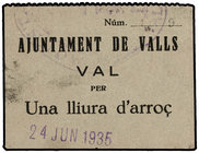 Val per Una Lliura d´Arroç. 24 Juny 1935. Aj. de VALLS. Cartón. (Leves manchas). A EXAMINAR. L-No cat. MBC+.