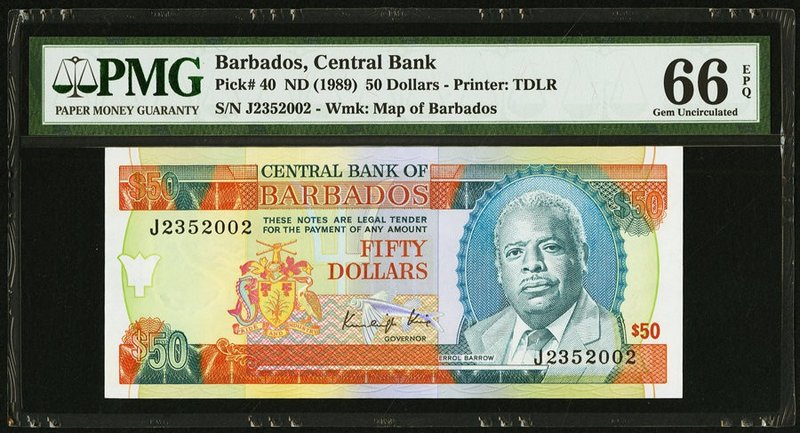 Barbados Central Bank 50 Dollars ND (1989) Pick 40 PMG Gem Uncirculated 66 EPQ. ...