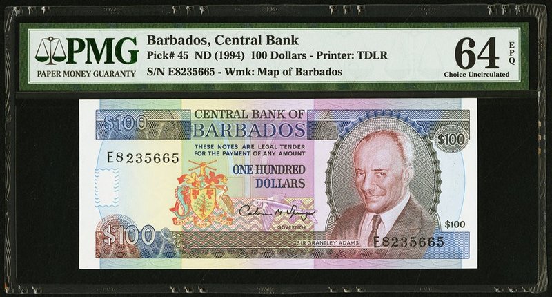 Barbados Central Bank 100 Dollars ND (1994) Pick 45 PMG Choice Uncirculated 64 E...