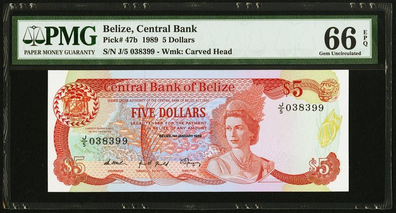 Belize Central Bank 5 Dollars 1.1.1989 Pick 47b PMG Gem Uncirculated 66 EPQ. 

H...