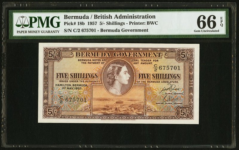 Bermuda Bermuda Government 5 Shillings 1.5.1957 Pick 18b PMG Gem Uncirculated 66...