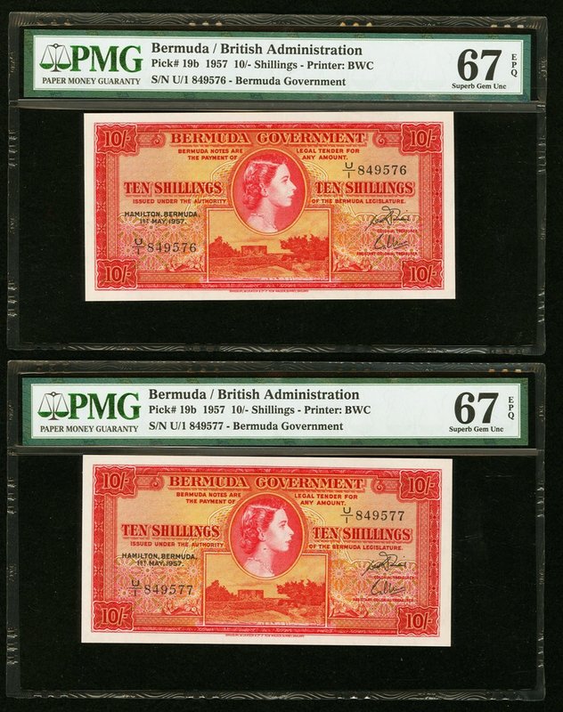 Bermuda Bermuda Government 10 Shillings 1.5.1957 Pick 19b Two Consecutive Exampl...