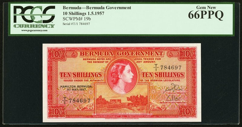 Bermuda Bermuda Government 10 Shillings 1.5.1957 Pick 19b PCGS Gem New 66PPQ. 

...