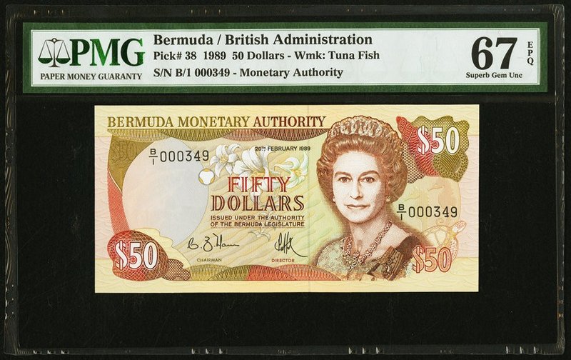 Bermuda Monetary Authority 50 Dollars 20.2.1989 Pick 38 PMG Superb Gem Unc 67 EP...