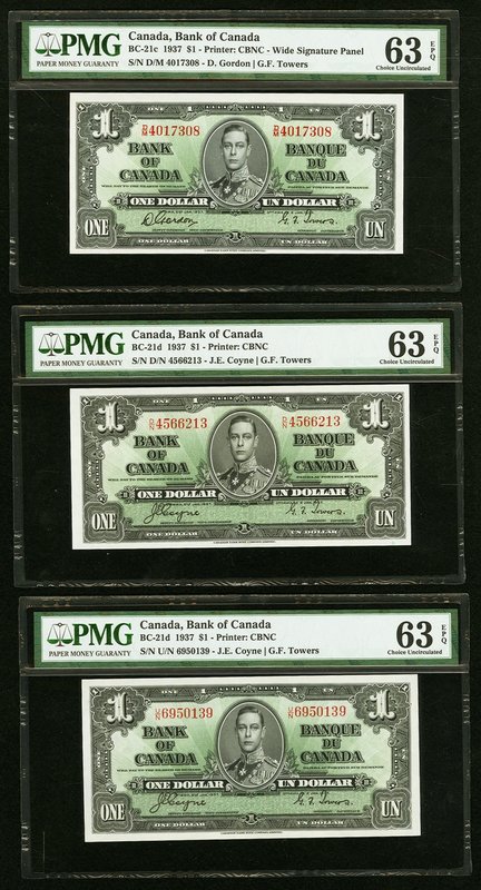 Canada Bank of Canada $1 1937 BC-21c; BC-21d (2) Three Examples PMG Choice Uncir...