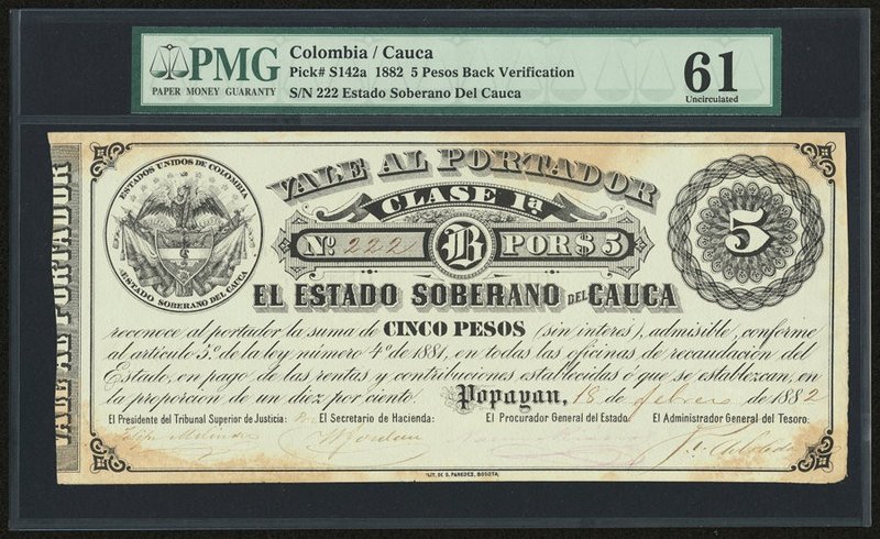 Colombia Banco de Cauca 5 Pesos 1882 Pick S142a PMG Uncirculated 61. Hand signed...