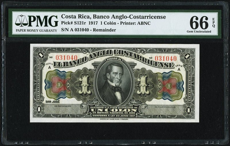 Costa Rica Banco Anglo Costarricense 1 Colon 23.6.1917 Pick S121r Remainder PMG ...