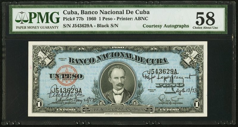 Cuba Banco Nacional de Cuba 1 Peso 1960 Pick 77b "Courtesy Autographs" PMG Choic...