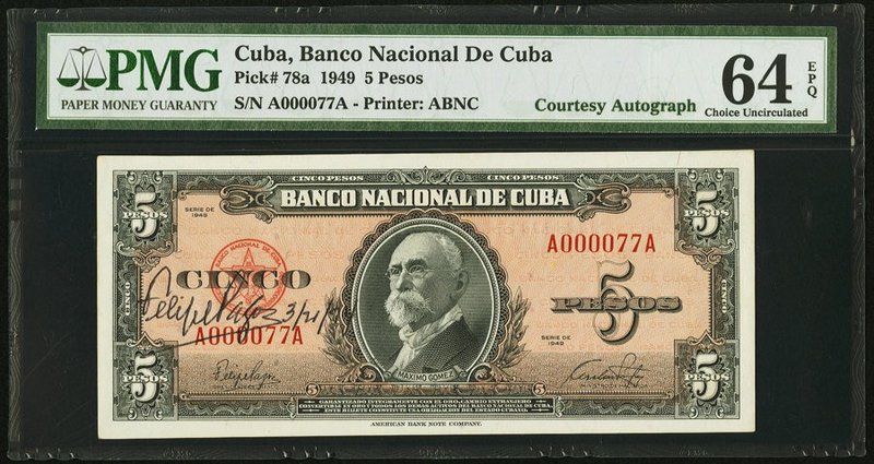 Cuba Banco Nacional de Cuba 5 Pesos 1949 Pick 78a "Courtesy Autograph" PMG Choic...