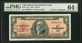 Cuba Banco Nacional de Cuba 5 Pesos 1949 Pick 78a "Courtesy Autograph" PMG Choice Uncirculated 64 EPQ. 

HID09801242017