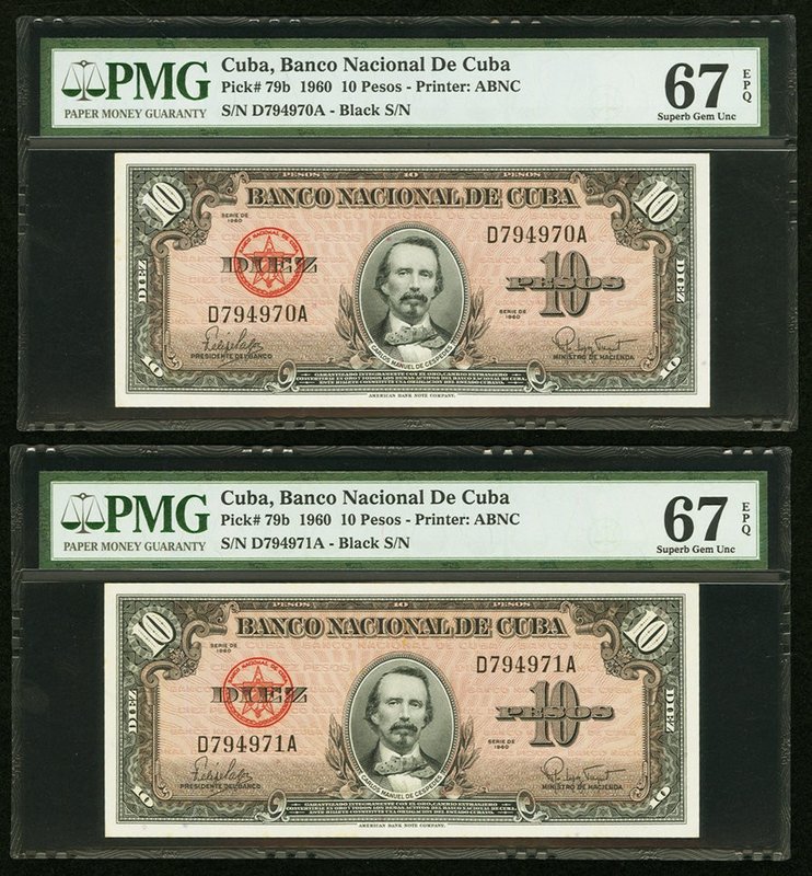 Cuba Banco Nacional de Cuba 10 Pesos 1960 Pick 79b Two Consecutive Examples PMG ...