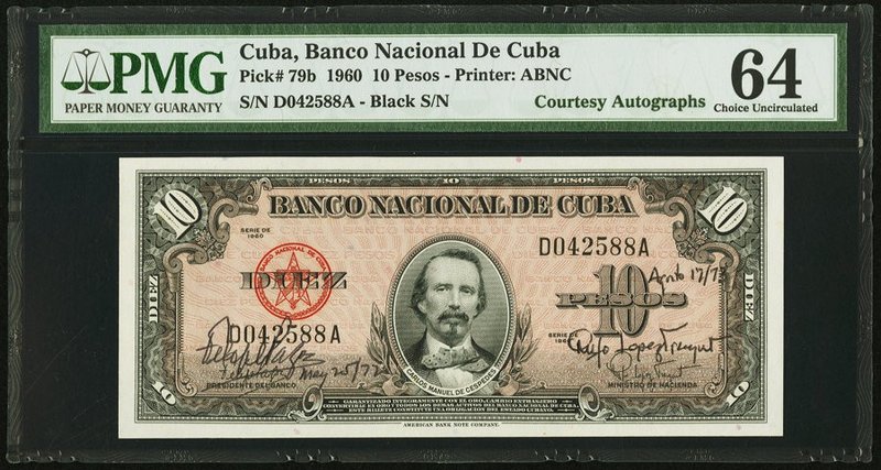 Cuba Banco Nacional de Cuba 10 Pesos 1960 Pick 79b "Courtesy Autographs" PMG Cho...