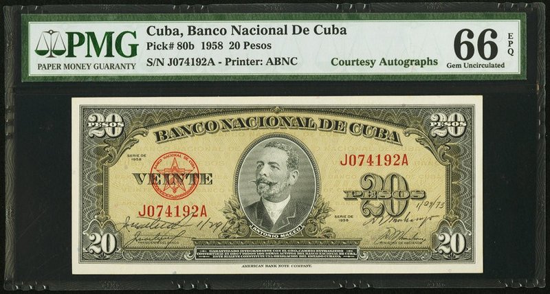 Cuba Banco Nacional de Cuba 20 Pesos 1958 Pick 80b "Courtesy Autograph" PMG Gem ...