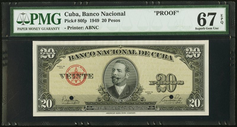Cuba Banco Nacional de Cuba 20 Pesos 1949 Pick 80fp Front Proof PMG Superb Gem U...