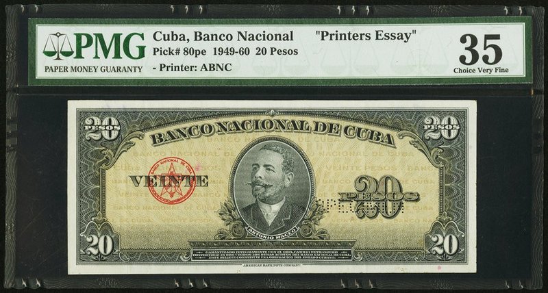 Cuba Banco Nacional de Cuba 20 Pesos 1949-60 Pick 80pe "Printer's Essay" PMG Cho...