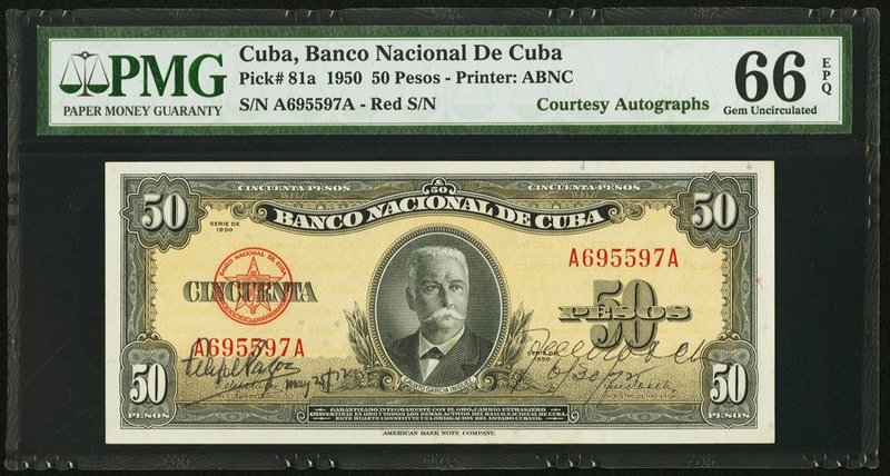 Cuba Banco Nacional de Cuba 50 Pesos 1950 Pick 81a "Courtesy Autographs" PMG Gem...