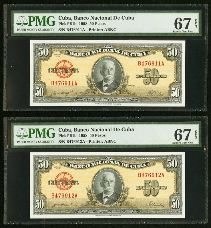Cuba Banco Nacional de Cuba 50 Pesos 1958 Pick 81b Two Consecutive Examples PMG ...