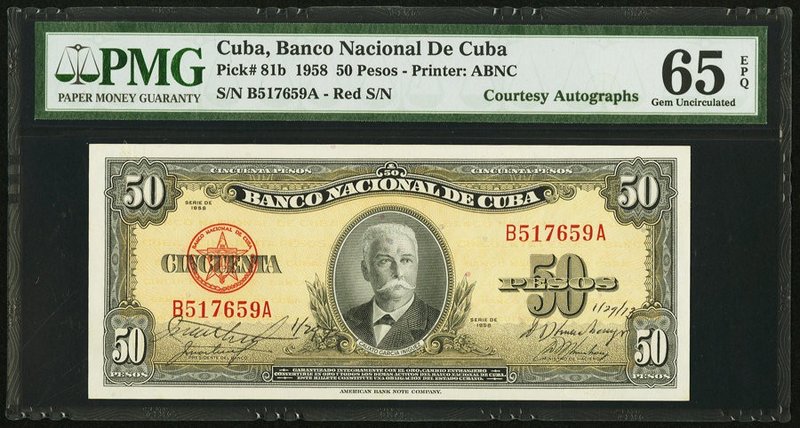 Cuba Banco Nacional de Cuba 50 Pesos 1958 Pick 81b "Courtesy Autographs" PMG Gem...