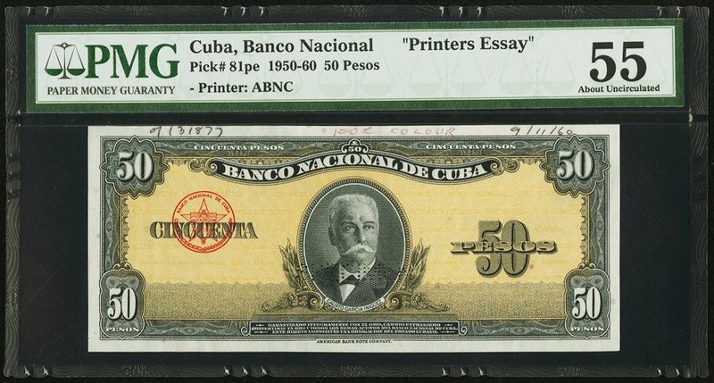 Cuba Banco Nacional de Cuba 50 Pesos 1950-60 Pick 81pe "Printer's Essay" PMG Abo...